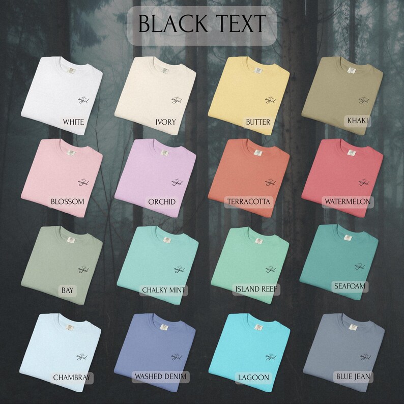 May include: A collection of sixteen crewneck t-shirts in various solid colors, each featuring a small embroidered script text that reads angel on the left chest. The colors include white, ivory, butter, khaki, blossom, orchid, terracotta, watermelon, bay, chalky mint, island reef, seafoam, chambray, washed denim, lagoon, and blue jean.