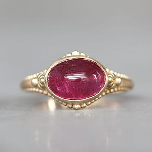 Pink Tourmaline Engagement Ring Soild Gold, 10k, 14K, 18k, East West Oval Bezel Pink Tourmaline Ring, Solitaire Ring, Statement Jewelry