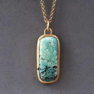 Hand-Carved Turquoise Pendant, 18k Yellow Gold, Natural Turquoise Necklace, Crystal Pendant Necklace, Gift for Her, Gift for Him