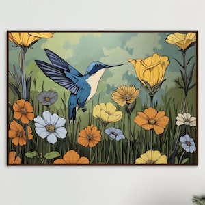 Colibrì da parete con stampa Colibri, poster con uccello incorniciato per soggiorno o camera da letto, poster regalo per lei D031