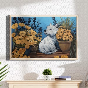 Stampa da parete con cane, Scottish Terrier, poster floreale con cane, decorazione carina per cani, regalo per amanti degli animali o per mamma di cani, stampa per cameretta e soggiorno D032