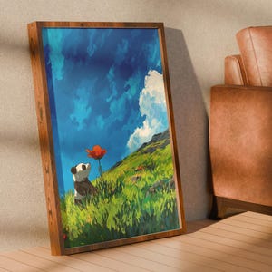 Impresión de panda de Ghibli con diseño de bosque, adorable arte de pared de animales para guardería, regalo para ella, decoración inspirada en la naturaleza.