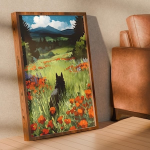Ghibli Wall Art Dog Print Dreamy Pet Wall Art Floral Mountain Decor Gift for Her Nursery Poster