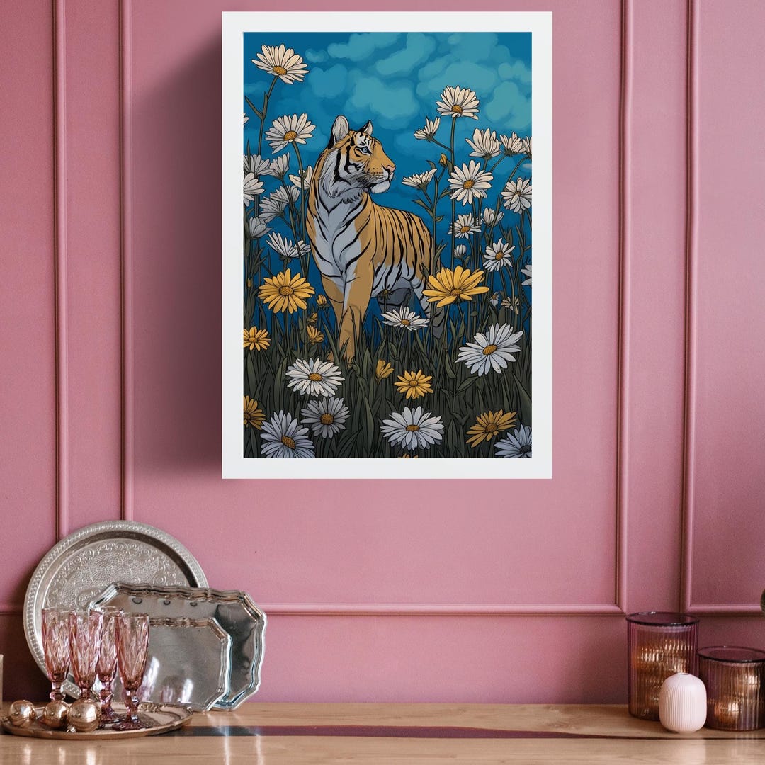 Tiger Poster Nursery Wall Art Framed Animal Print Jungle Decor Floral ...