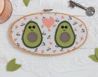 Wool felt avocados in love wall hanging in an antique 9 x 5 inch embroidery hoop - unique valentine’s day gift for her