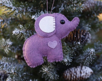 wool felt elephant christmas ornament, keychain, mobile attachment, car mirror ornament, plush toy / stuffie - heather purple