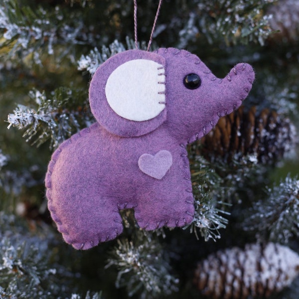 wool felt elephant christmas ornament, keychain, mobile attachment, car mirror ornament, plush toy / stuffie - heather purple