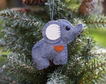wool felt elephant christmas ornament gift, key chain, mobile attachment, car mirror ornament, plush toy / stuffie - cloudy day