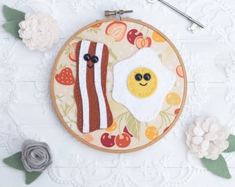 Handmade 6-Inch Embroidery Hoop Wall Art - Whimsical Bacon and Egg Delight - Perfect for Your Dopamine-Infused Home Decor