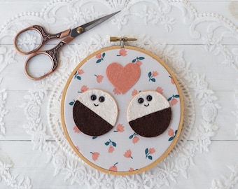 Wool felt black and white cookies in love wall hanging in an antique 6 inch embroidery hoop - unique valentine’s day for her or cookie lover