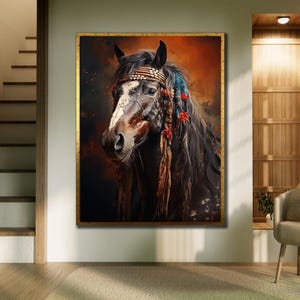 American Indian Framed Canvas, Ethnic Wall Art, Native Horse Art Print, Indigenous Painting, Tribal Art Print, Native Americans Pictures
