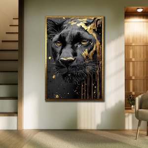 Toile d'art Jaguar, art mural animal, impression d'art encadrée, peinture tigre noir, photos de la nature, prêt à accrocher, décoration murale panthère dorée