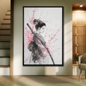 Arte murale donna samurai, decorazione murale tradizionale, stampa su tela samurai, poster con cornice guerriero giapponese, audace decorazione asiatica per la casa
