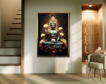 額入り仏像キャンバスアート：エレガントなアジア風禅風インテリア