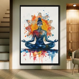 Yoga Pose Canvas, Meditation Wall Art, Chakra Energy Poster, Colorful Lotus Wall Decor, Meditative Artwork Print, Yoga Pose Chakra Canvas