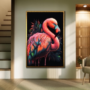 Pink Flamingo Framed Canvas, Animal Wall Art, Tropical Art Print, Flamingo Painting, Nature Pictures,Ready to Hang Canvas,Modern Home Art