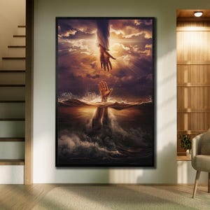 Puede incluir: Una impresión artística enmarcada representa una escena dramática de una mano extendiéndose hacia otra mano que emerge del agua. La obra de arte presenta un cielo nublado con luz dorada, creando una sensación de esperanza e intervención divina. El tema general es religioso.