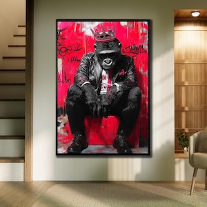 King Gorilla Wall Art, Animal Canvas Art, Gorilla Canvas Wall Art, Gangster Gorilla Painting, Gorilla Art Canvas, Royal Gorilla Poster