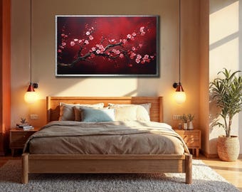 Cuadro de flores de cerezo rojas: Decoración floral asiática para pared