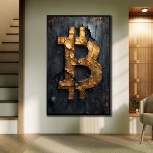 Bitcoin Canvas Art, Gold Bitcoin Wall Decor, Bitcoin Wall Art, Crypto Framed Poster, Gift for Crypto, Finance Modern Art, Bitcoin Painting