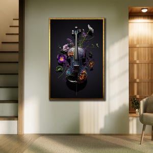 Flower and Violin Wall Art, Musical Art Print, Elegant Violin Poster, Music Wall Decor, Wall Art Musical Instruments, Paintings of Musicians