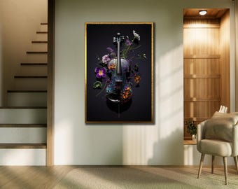Stampa artistica floreale con violino: elegante decorazione murale a tema musicale.