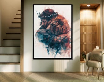 Jesus and Lion Canvas Art: Christian Home Decor, Spiritual Painting