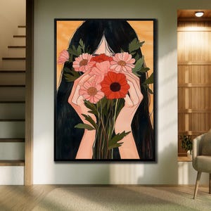 Flower Head Woman Canvas, Rose Wall Decor, Girl Portrait Canvas Print Art, Luxury Woman Framed Poster, Woman with Flowers Canvas Print Art