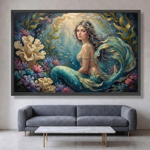 May include: A framed wall art print depicting a mermaid with long dark hair and a teal tail, adorned with pearl jewellery. The scene features an underwater environment with vibrant coral reefs, golden seaweed, and small fish swimming in the background.