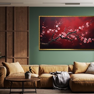 Red Sakura Wall Art, Sakura Tree Art Print, Sakura Tree Poster, Flower Wall Decor, Office Wall Decor, Japanese Wall Decor, Asian Canvas Art