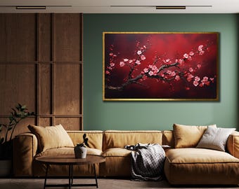 Lienzo decorativo con diseño de árbol de cerezo rojo: decoración floral japonesa para pared.