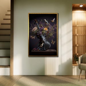 Flower and Violin Wall Art, Musical Art Print, Elegant Violin Poster, Music Wall Decor, Wall Art Musical Instruments, Paintings of Musicians
