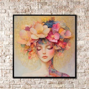 Flower Head Woman Canvas, Rose Wall Decor, Girl Portrait Canvas Print Art, Luxury Woman Framed Poster, Abstract Woman Decor for Home