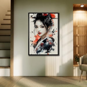 Samurai Woman Wall Art, Traditional Wall Decor, Samurai Canvas Print Art, Japanese Warrior Framed Poster, Bold Asian Decor for Home