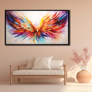 Bird Canvas Wall Art, Framed Art Print, Mythology Poster, Simurgh Bird Wall Decor, Multicolor Phoenix Print Art, Vibrant Phoenix Framed Art