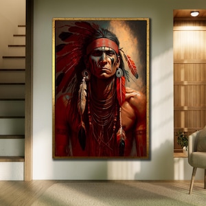 May include: A framed portrait of a Native American man. He wears a red headdress, headband, and face paint. The artwork features detailed feathers, jewelry, and a warm colour palette, creating a striking visual.