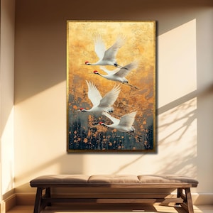 Japanese Crane Canvas, Traditional Wall Art, Crane Art Print, Animal Poster, Asian Wall Decor, Elegant Bird Artwork, Office Wall Decor