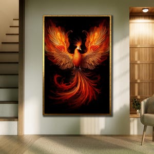 Fire Bird Canvas Wall Art, Framed Art Print, Mythology Poster, Simurgh Bird Wall Decor,  Phoenix Print Art, Fire Phoenix Framed Canvas Art