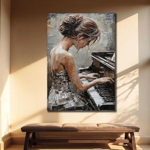 Piano Player Woman Wall Art, Musical Art Print, Elegant Music Poster, Piano Wall Decor,Musical Instruments Canvas, Paintings of Musicians