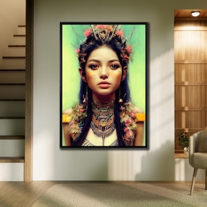 American Indian Woman Canvas, Ethnic Wall Art,Indian Chief Framed Art Print, Indigenous Painting, Tribal Art Print,Native Girl Pictures