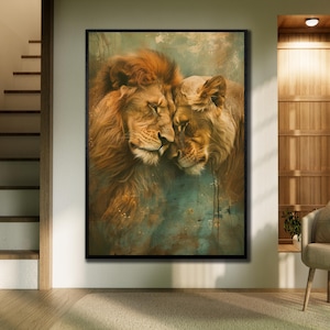 Lion Canvas Wall Art, Framed Art Print, Lion Family Poster, Animal Wall Decor, Office Wall Decor, Lion Couple Art, Wildlife Painting Canvas