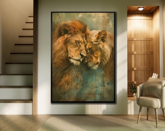 Canvaskunst leeuwenfamilie: dieren in het wild, klaar om op te hangen