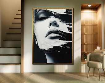 Black and White Woman Face Canvas Print: Modern Portrait Art