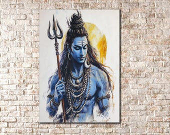 May include: A blue-toned painting of a deity holding a trident. The figure has long dark hair, a third eye, and is adorned with jewellery. A golden halo is behind the figure's head. The artwork is displayed against a white background.