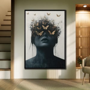Black Woman Canvas Art, Traditional Wall Decor, Ethnic Print Art, Woman with Golden Butterfly Poster, African Girl Wall Art, Home Decor