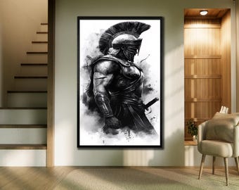 Gladiator Canvas Print: Black & White Warrior Art - Framed