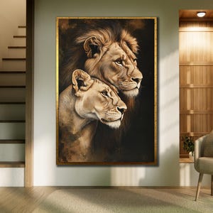 Art mural sur toile Lion, Reproduction encadrée, Affiche de la famille des lions, Décoration murale animal, Décoration murale de bureau, Oeuvre d&#39;art pour amoureux, Peinture animalière sur toile