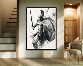 Gladiator Canvas Print: Black & White Warrior Art - Framed