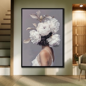 Flower Head Woman Canvas, Rose Wall Decor, Girl Portrait Canvas Print Art, Luxury Woman Framed Poster, Abstract Woman Decor for Home