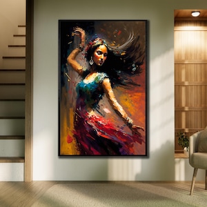 Dancing Women Canvas Print, Dance Wall Art,Colorful Girl Painting, Elegant Hindu Wall Decor,eady to Hang Decoration, Woman Print Art